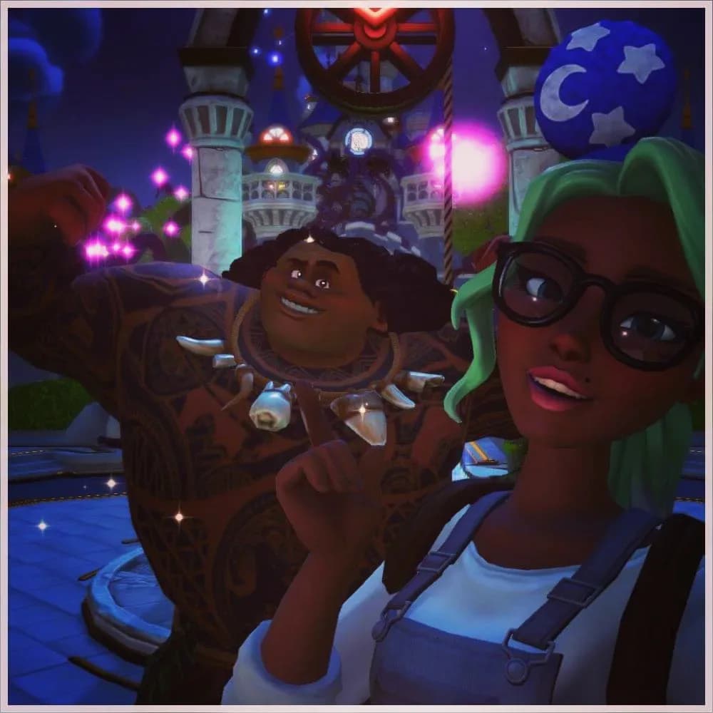 Maui from Moana and I in a Disney Dreamlight Valley selfie