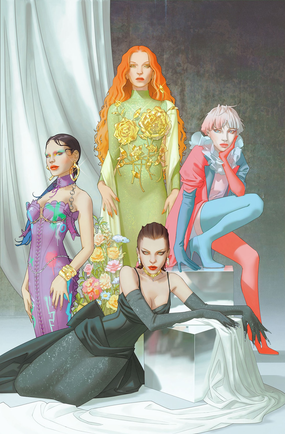 Gotham City Sirens variant cover featuring Catwoman, Harley Quinn, Poison Ivy, and Punchline by W. Scott Forbes