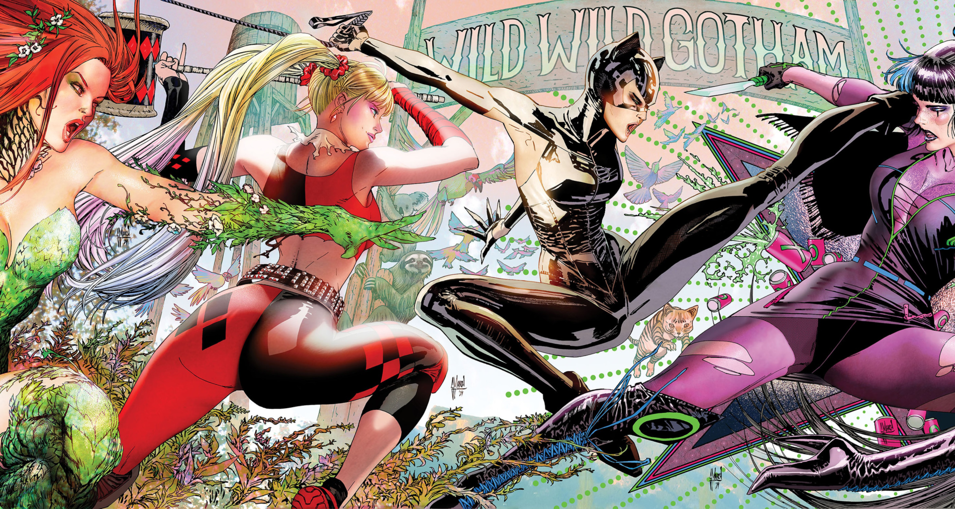 Gotham City Sirens #1-4 connecting variant covers featuring Harley Quinn, Catwoman, Poison Ivy, and Punchline by original series artist Guillem March