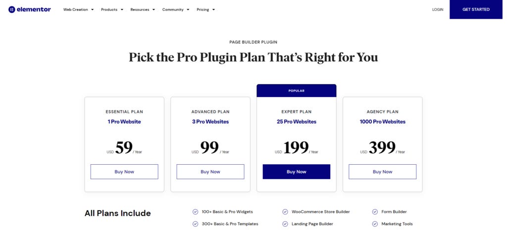 elementor pro visual website builder pricing plans
