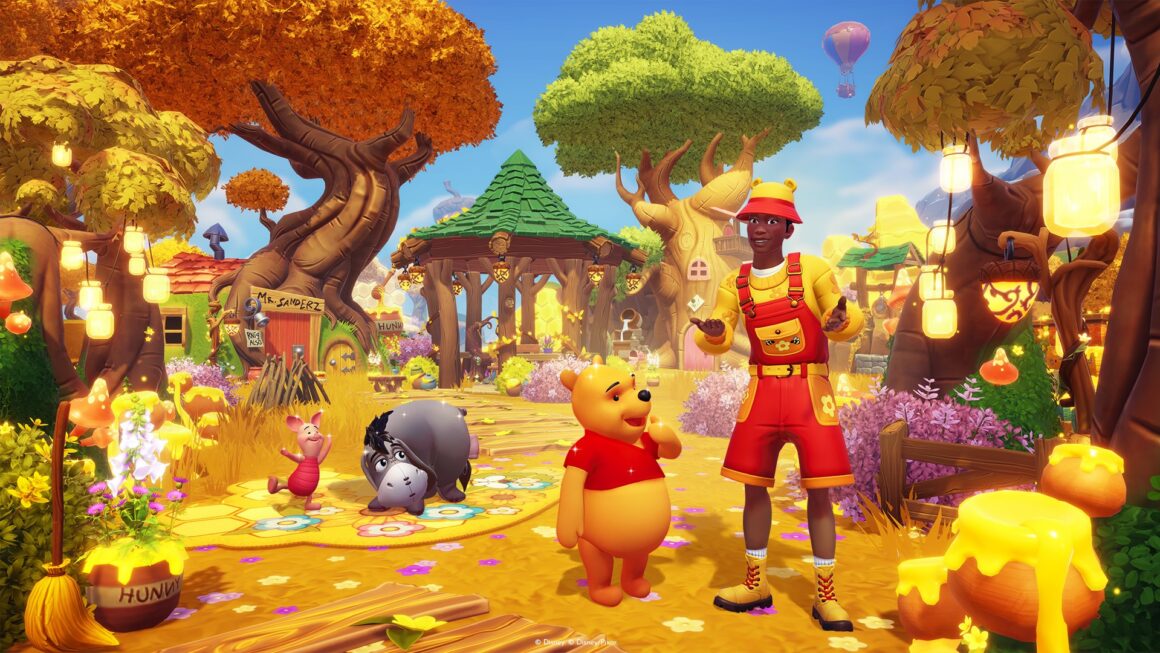 Piglet, Eeyore, and Pooh in Honeyglow Woods.