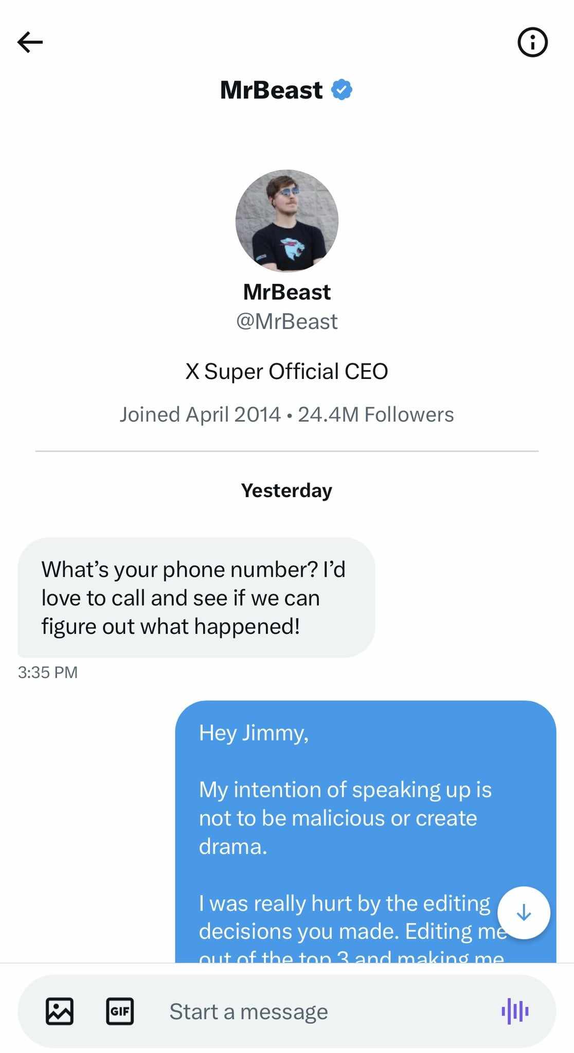 Rosanna Pansino / MrBeast Direct Message 1