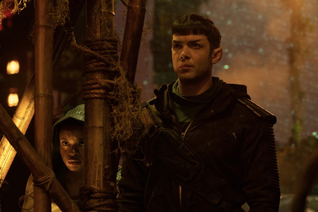 Ethan Peck as Spock and Celia Rose Gooding as Uhura Strange New Worlds Episode 1